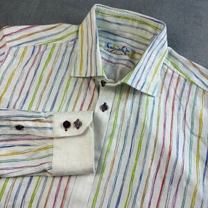 Brandolini Mens‎ M Long Sleeve Button Down Shirt White Multi Color Stripe Cotton